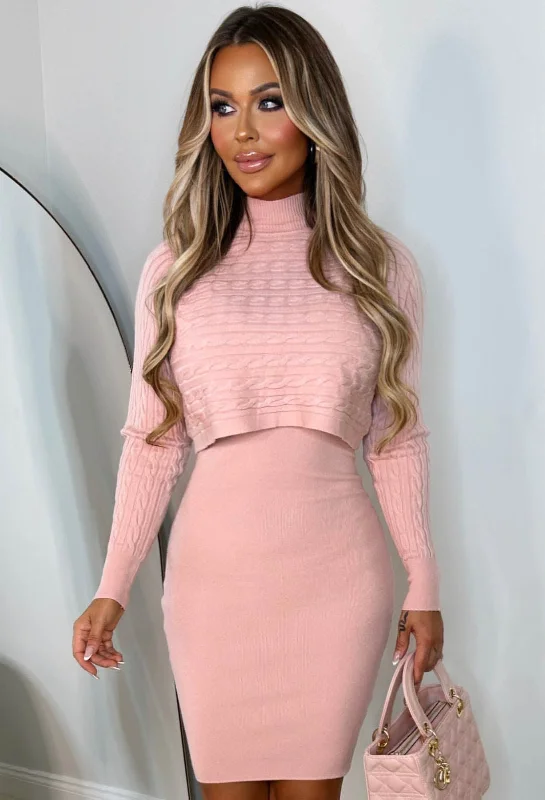  Cosy In Cable Pink Ultra Soft Knitted 2-In-1 Jumper And Midi Dress
