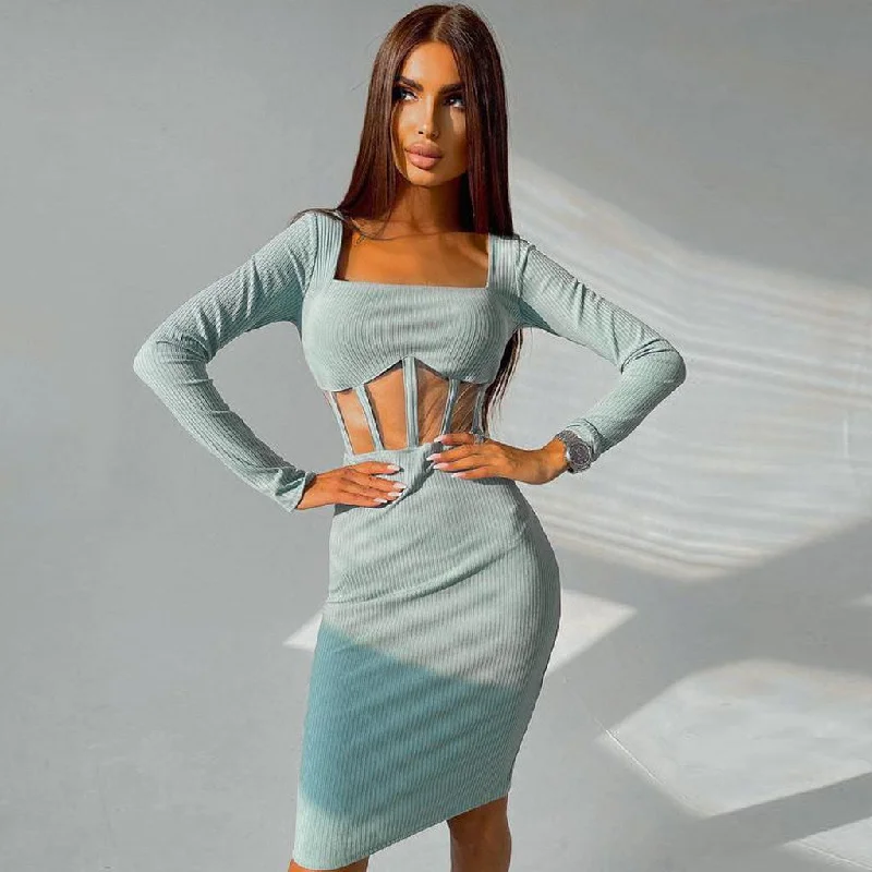 Midi dresses with ribbed textures for a unique and tactile appearance BerryBetty - Square Neck Long Sleeve Mesh Panel Rib Knit Midi Dress - Teal Midi dresses with ribbed textures for a unique and tactile appearance BerryBetty - Square Neck Long Sleeve Mesh Panel Rib Knit Midi Dress - Teal