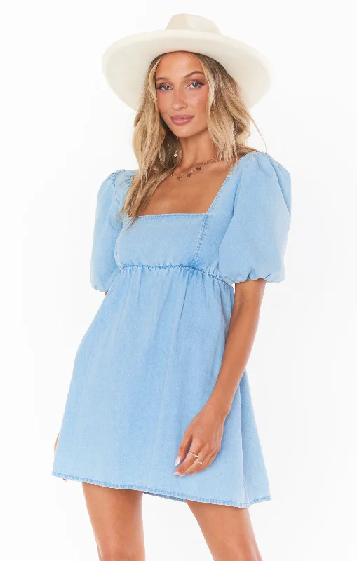 Mini dresses with gathered skirts for a voluminous effect Smitten Babydoll Dress ~ Sky Blue