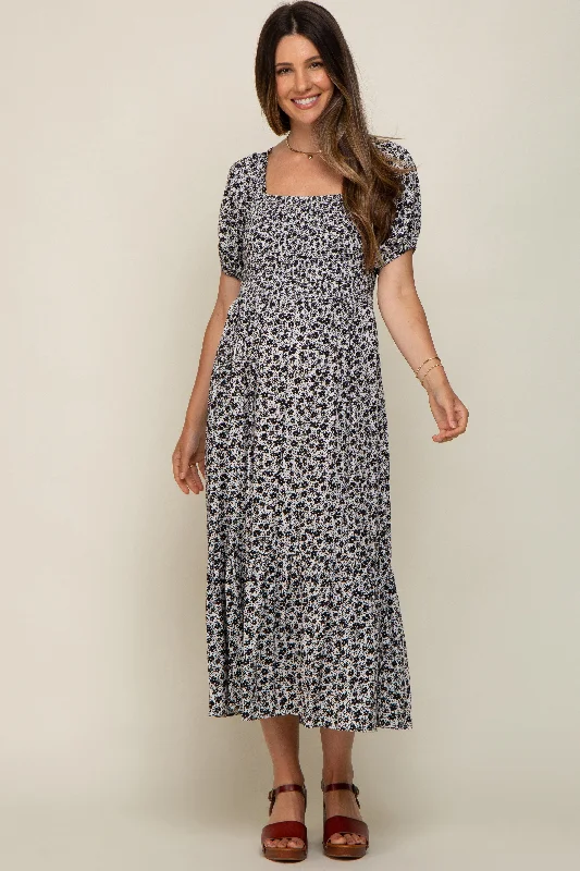 Maternity dress for a baby's first visit to the vertical garden Black Floral Smocked Short Sleeve Maternity Midi Dress Maternity dress for a baby's first visit to the vertical garden Black Floral Smocked Short Sleeve Maternity Midi Dress