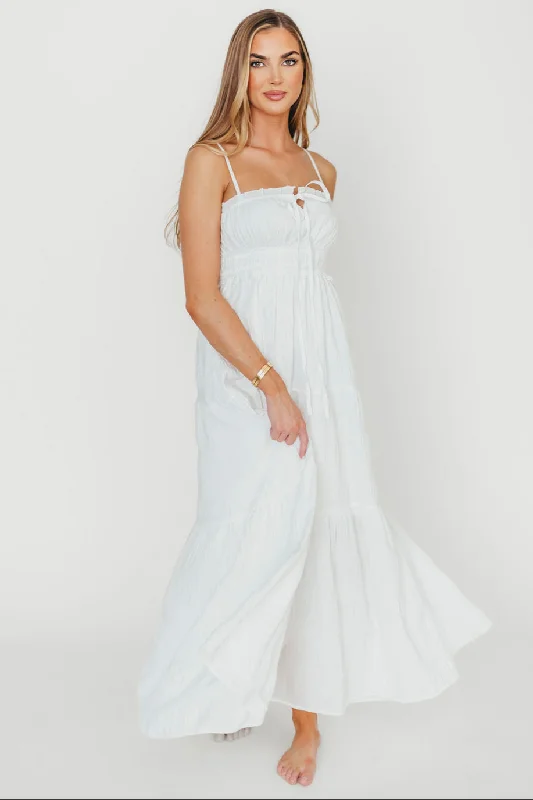Midi dresses with ruffled bodices for a more pronounced feminine look Elise Crinkle Maxi Dress in Off-White Midi dresses with ruffled bodices for a more pronounced feminine look Elise Crinkle Maxi Dress in Off-White