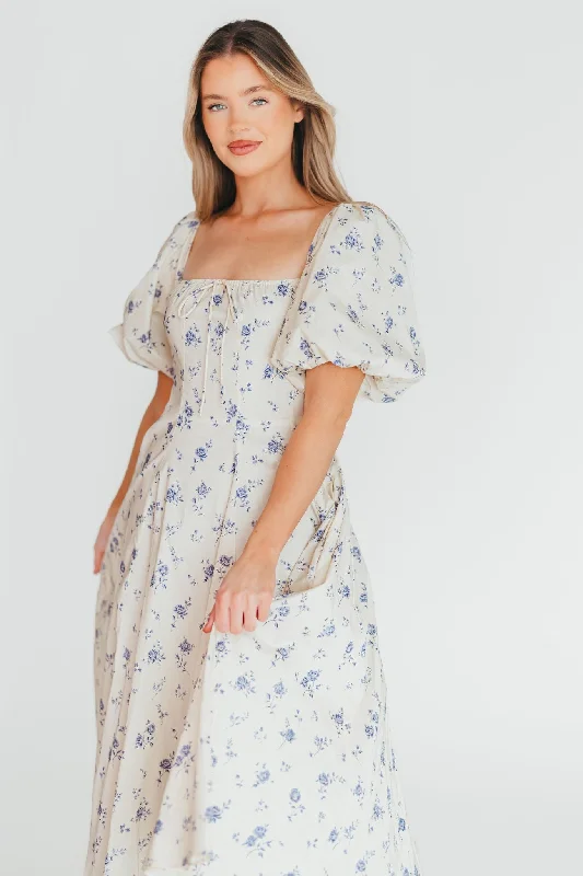 Midi dresses with empire waists for a flattering maternity option Olivia 100% Cotton Floral Printed Midi Dress in Ivory