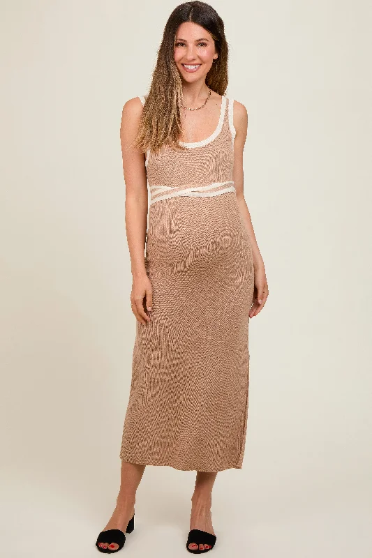Maternity dress for a baby's first visit to the forest Taupe Ribbed Square Neck Side Slit Maternity Dress Maternity dress for a baby's first visit to the forest Taupe Ribbed Square Neck Side Slit Maternity Dress