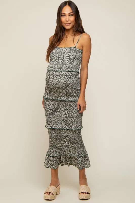 Maternity dress for work in a professional style Forest Green Floral Smocked Ruffle Tier Maternity Midi Dress Maternity dress for work in a professional style Forest Green Floral Smocked Ruffle Tier Maternity Midi Dress