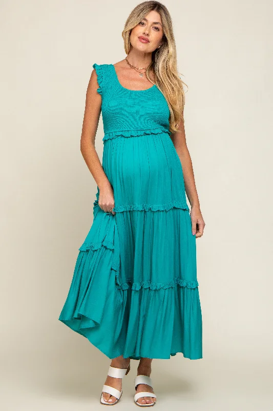 Maternity dress for a baby's first visit to the wildlife sanctuary Turquoise Smocked Ruffle Tier Maternity Maxi Dress Maternity dress for a baby's first visit to the wildlife sanctuary Turquoise Smocked Ruffle Tier Maternity Maxi Dress