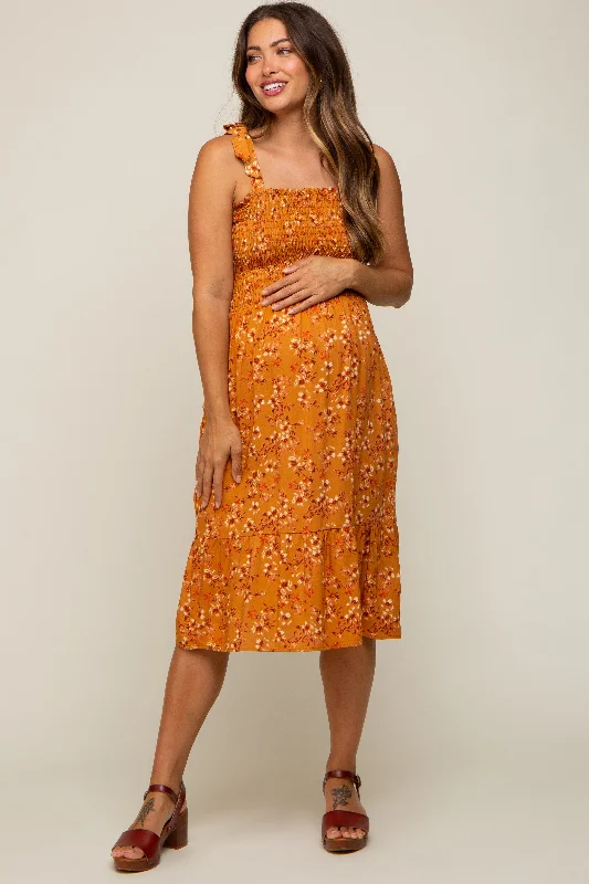 Maternity dress for a baby's first visit to the art gallery Camel Floral Shoulder Tie Smocked Maternity Midi Dress Maternity dress for a baby's first visit to the art gallery Camel Floral Shoulder Tie Smocked Maternity Midi Dress