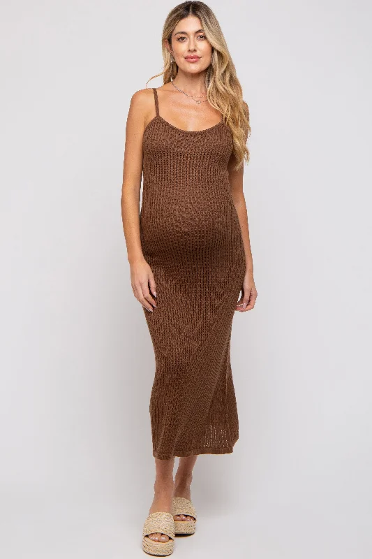 Maternity dress for a baby's first visit to the art gallery Brown Open Knit Crochet Maternity Midi Dress Maternity dress for a baby's first visit to the art gallery Brown Open Knit Crochet Maternity Midi Dress