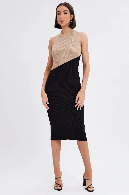 High - low midi dresses with geometric patterns for a modern party Black Midi Dress Round Neck Colour Blocked Knit High - low midi dresses with geometric patterns for a modern party Black Midi Dress Round Neck Colour Blocked Knit