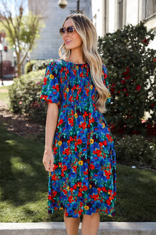 Everyday Dress with Flutter Sleeves for a Feminine Look Beautiful Presence Blue Floral Midi Dress Everyday Dress with Flutter Sleeves for a Feminine Look Beautiful Presence Blue Floral Midi Dress