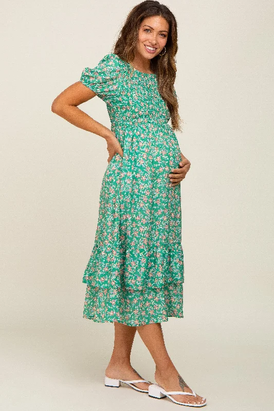 Nursing friendly maternity dress for breastfeeding Green Floral Smocked Layered Maternity Midi Dress Nursing friendly maternity dress for breastfeeding Green Floral Smocked Layered Maternity Midi Dress