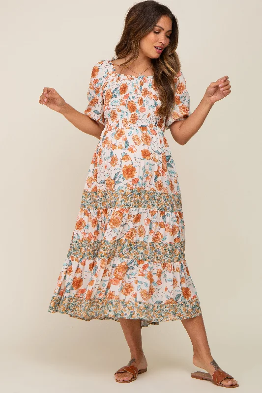 Long sleeve maternity maxi dress for winter Cream Floral Puff Sleeve Tiered Maternity Midi Dress Long sleeve maternity maxi dress for winter Cream Floral Puff Sleeve Tiered Maternity Midi Dress