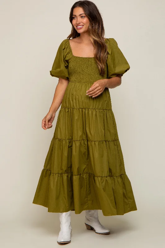 Maternity dress for a baby's first swim Light Olive Square Neck Smocked Puff Short Sleeve Tiered Maternity Midi Dress Maternity dress for a baby's first swim Light Olive Square Neck Smocked Puff Short Sleeve Tiered Maternity Midi Dress