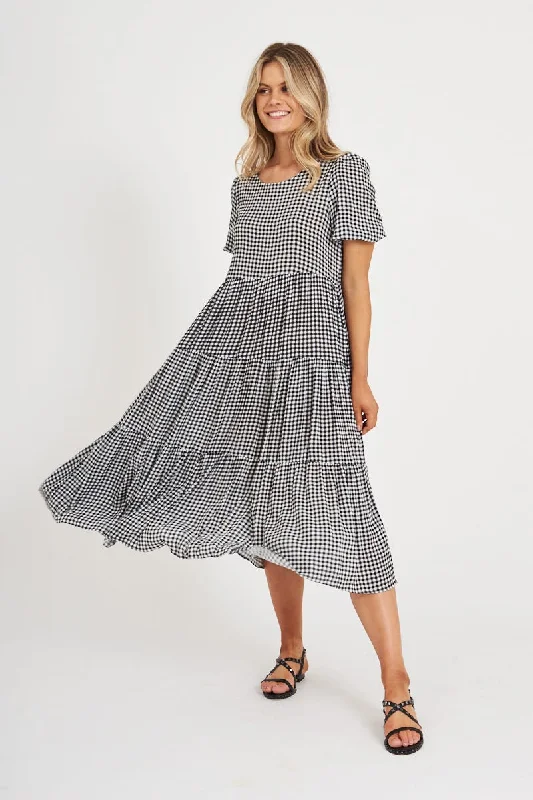 Everyday Silk - like Dress with Flowy Skirt Nevi Midi Smock Dress In Black And White Gingham Everyday Silk - like Dress with Flowy Skirt Nevi Midi Smock Dress In Black And White Gingham
