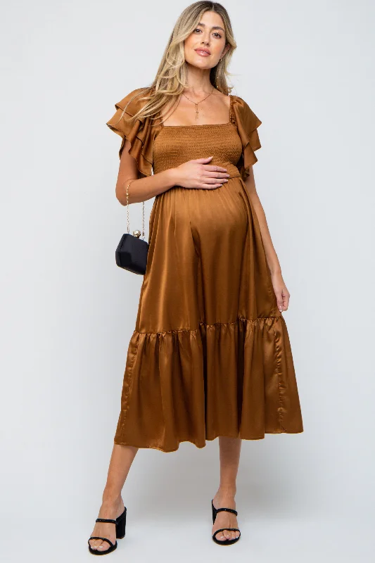 Maternity dress for a baby's first visit to the vertical garden Camel Satin Flutter Sleeve Maternity Midi Dress Maternity dress for a baby's first visit to the vertical garden Camel Satin Flutter Sleeve Maternity Midi Dress