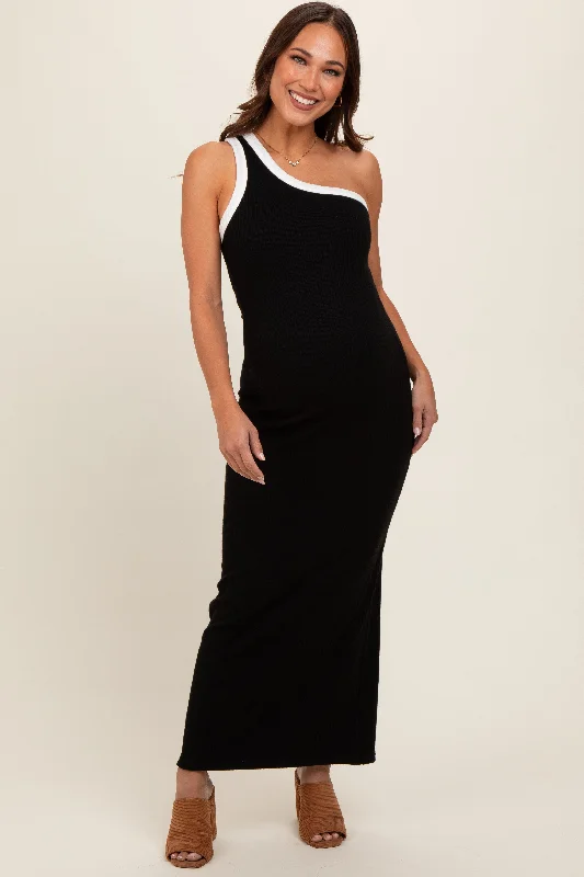 Maternity dress for a baby's first visit to the ballet Black Contrast One Shoulder Maternity Maxi Dress Maternity dress for a baby's first visit to the ballet Black Contrast One Shoulder Maternity Maxi Dress