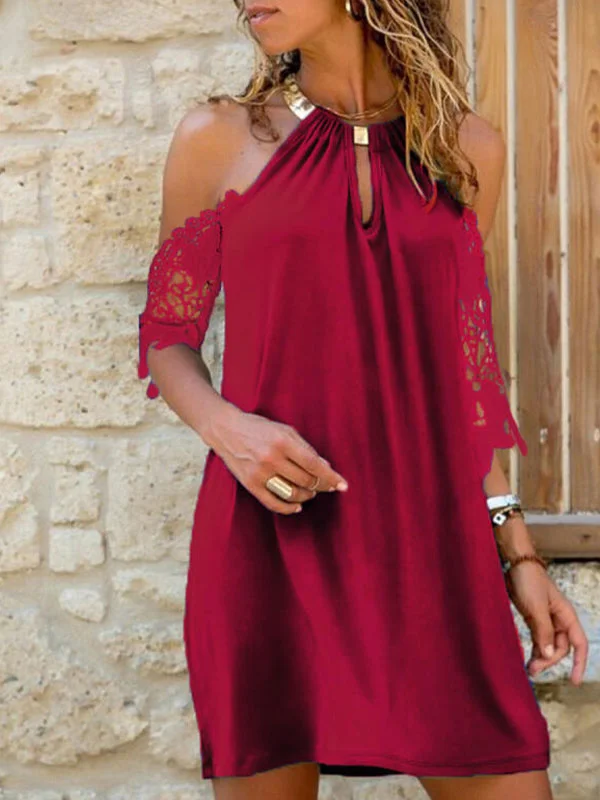 Midi dresses with lace - up fronts for a unique and adjustable style BerryBetty - Cold Shoulder Lace Halter Midi Dress Midi dresses with lace - up fronts for a unique and adjustable style BerryBetty - Cold Shoulder Lace Halter Midi Dress