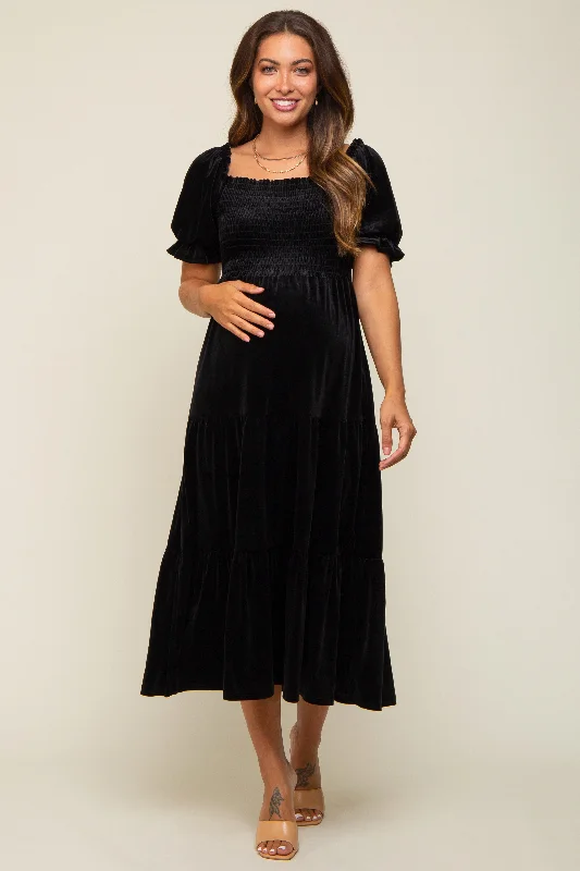 Maternity dress for a baby's first visit to the vertical garden Black Velvet Tiered Maternity Midi Dress Maternity dress for a baby's first visit to the vertical garden Black Velvet Tiered Maternity Midi Dress