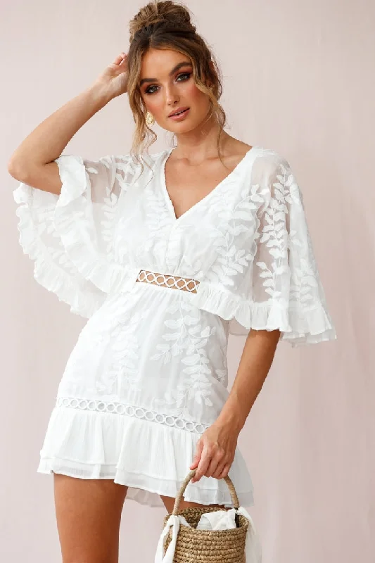 Mini dresses with pom - pom trims for a playful feel Caspar Leafy Embroidered Dress White