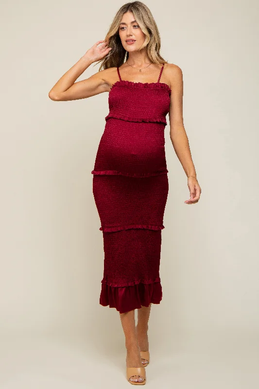 Maternity dress for a baby's first visit to the formal garden Burgundy Satin Smocked Fitted Maternity Midi Dress Maternity dress for a baby's first visit to the formal garden Burgundy Satin Smocked Fitted Maternity Midi Dress