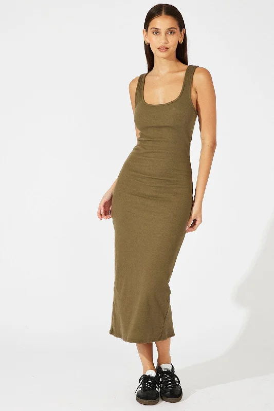 Sleeveless midi dresses with lace details for summer weddings Green Midi Dress Sleeveless Bodycon Rib