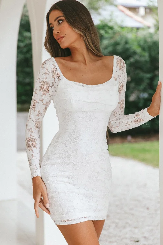 Mini dresses with pocket details for added functionality Freja Long Sleeve Cowl Neck Lace Mini Dress White