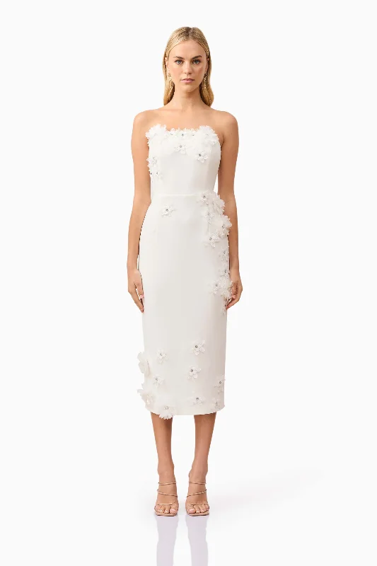High - low midi dresses with geometric patterns for a modern party Kiara Strapless Midi Dress in White High - low midi dresses with geometric patterns for a modern party Kiara Strapless Midi Dress in White