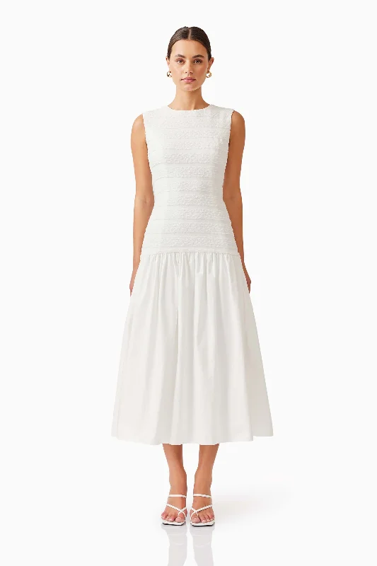 Midi dresses with ruffled hems for a romantic date night Fifi Midi Dress in White