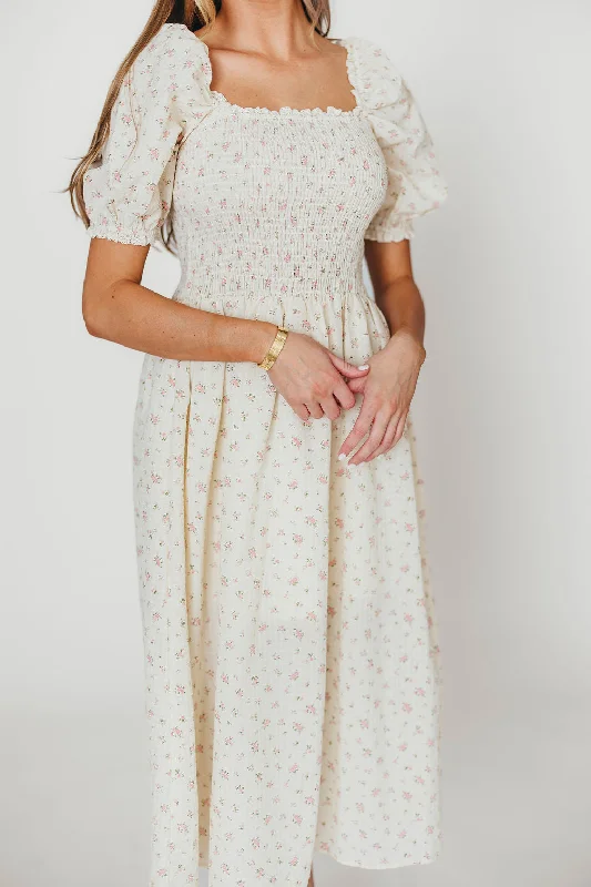 Midi dresses with polka dot prints for a playful summer outfit Kinsley Ditsy Floral Smocked Midi Dress in Pink Midi dresses with polka dot prints for a playful summer outfit Kinsley Ditsy Floral Smocked Midi Dress in Pink