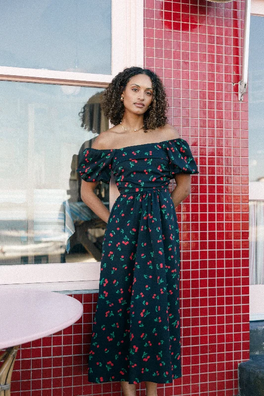 Midi dresses with geometric cutouts for a contemporary and edgy look Chlo Puff Sleeve Midi Dress - Cherry Print Midi dresses with geometric cutouts for a contemporary and edgy look Chlo Puff Sleeve Midi Dress - Cherry Print
