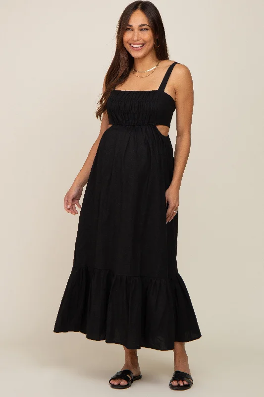 Maternity dress for a baby's first visit to the art gallery Black Sleeveless Cutout Ruffle Hem Maternity Maxi Dress Maternity dress for a baby's first visit to the art gallery Black Sleeveless Cutout Ruffle Hem Maternity Maxi Dress