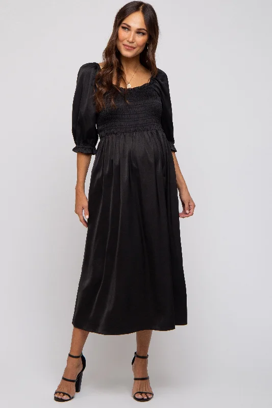 Maternity dress for a tea party Black Satin Smocked Maternity Midi Dress