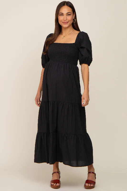 Maternity dress for a baby's first visit to the herb garden Black Square Neck Smocked Tiered Maternity Maxi Dress Maternity dress for a baby's first visit to the herb garden Black Square Neck Smocked Tiered Maternity Maxi Dress
