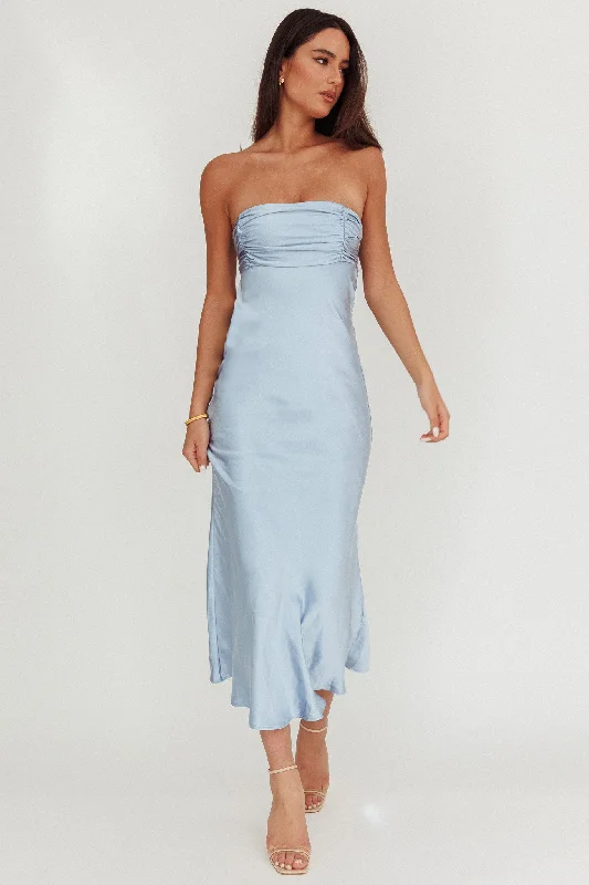 Midi dresses with puff sleeves for a vintage - inspired look Moon Song Strapless Laced Back Dress Midnight Blue Midi dresses with puff sleeves for a vintage - inspired look Moon Song Strapless Laced Back Dress Midnight Blue