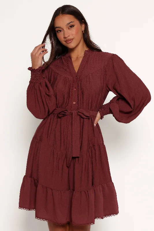 Mini dresses with pom - pom trims for a playful feel Pierce Long Sleeve Mini Dress - Dark Wine Mini dresses with pom - pom trims for a playful feel Pierce Long Sleeve Mini Dress - Dark Wine
