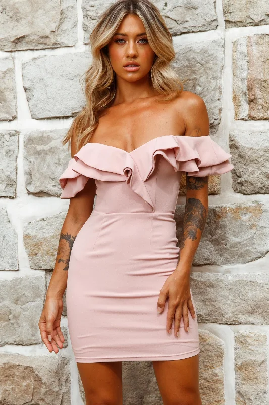 Mini dresses with puff sleeves for a vintage look Rossi Off-Shoulder Double Ruffle Dress Blush