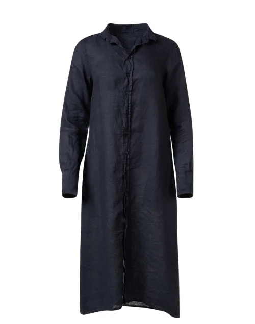 Everyday Dress with Sequined Appliques for a Sparkling Effect Navy Linen Shirt Dress Everyday Dress with Sequined Appliques for a Sparkling Effect Navy Linen Shirt Dress