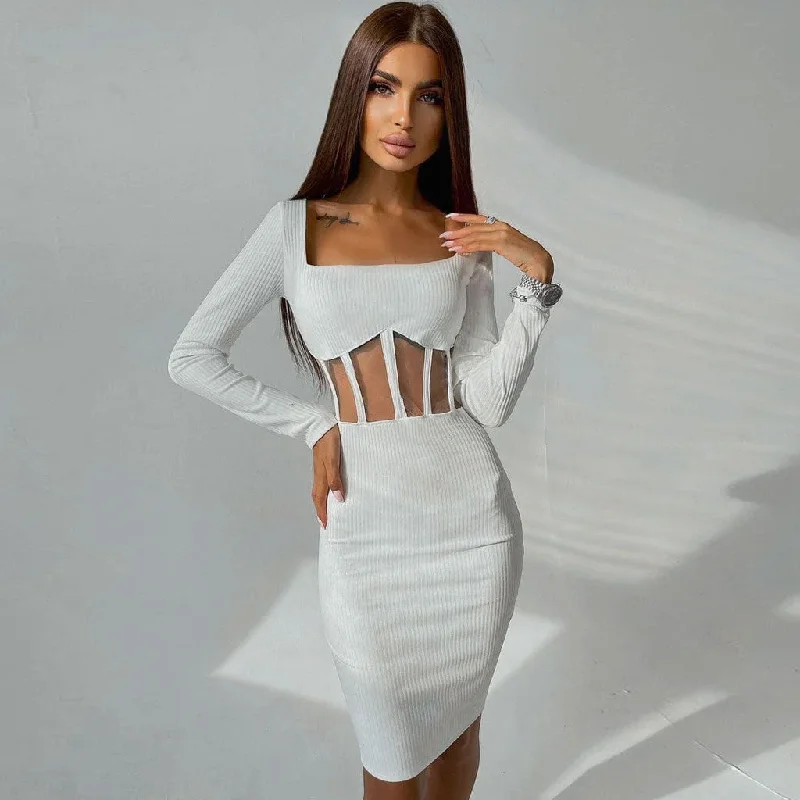 Sleeveless midi dresses with lace details for summer weddings BerryBetty - Square Neck Long Sleeve Mesh Panel Rib Knit Midi Dress - White Sleeveless midi dresses with lace details for summer weddings BerryBetty - Square Neck Long Sleeve Mesh Panel Rib Knit Midi Dress - White