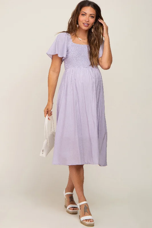 Maternity dress for a tea party Lavender Smocked Square Neck Flutter Short Sleeve Maternity Midi Dress Maternity dress for a tea party Lavender Smocked Square Neck Flutter Short Sleeve Maternity Midi Dress