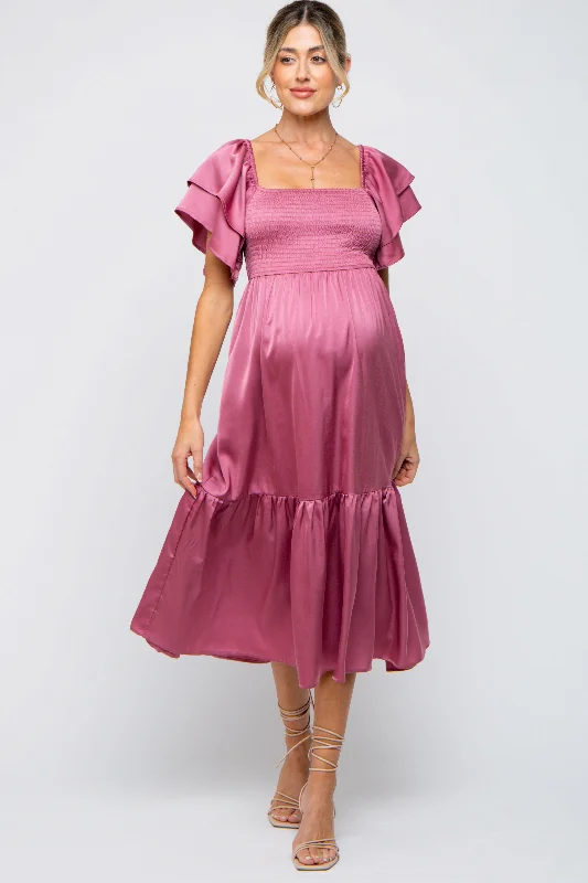 Plus size maternity dress for curvy moms - to - be Mauve Satin Flutter Sleeve Maternity Midi Dress Plus size maternity dress for curvy moms - to - be Mauve Satin Flutter Sleeve Maternity Midi Dress