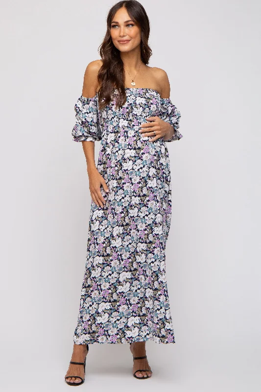 Maternity dress for maternity yoga classes Black Floral Print Off Shoulder Smocked Maternity Maxi Dress Maternity dress for maternity yoga classes Black Floral Print Off Shoulder Smocked Maternity Maxi Dress