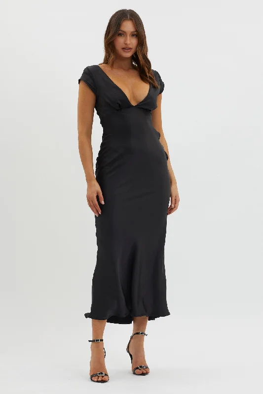 Midi dresses with side slits for a sexy and elegant appearance Lucinda V-Neck Twist Back Midi Dress Black Midi dresses with side slits for a sexy and elegant appearance Lucinda V-Neck Twist Back Midi Dress Black