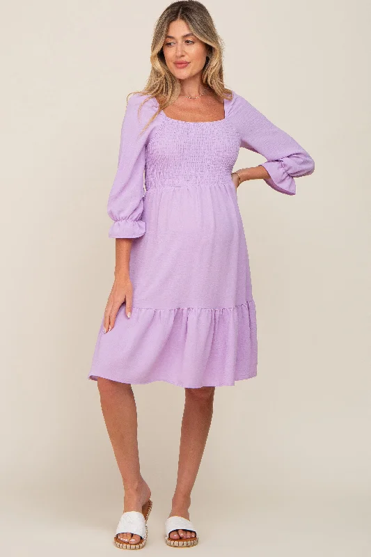 Maternity dress for a baby's first visit to the science center Lavender Smocked Ruffle Maternity Dress Maternity dress for a baby's first visit to the science center Lavender Smocked Ruffle Maternity Dress