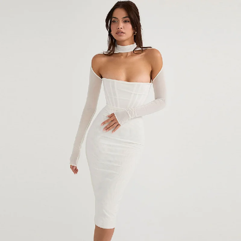 Midi dresses with cotton - blend materials for everyday comfort BerryBetty - Cut Out Long Sleeve Mesh Bodycon Cocktail Midi Dress - White