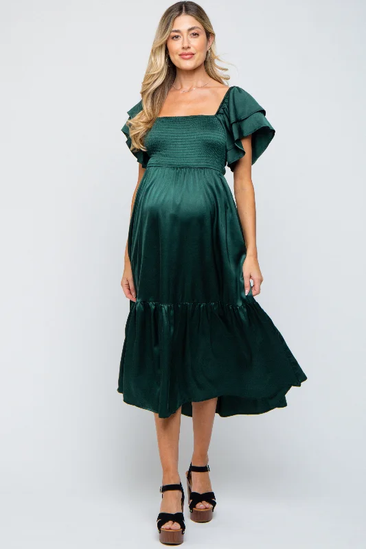 Maternity dress for a baby's first visit to the vegetable garden Forest Green Satin Flutter Sleeve Maternity Midi Dress Maternity dress for a baby's first visit to the vegetable garden Forest Green Satin Flutter Sleeve Maternity Midi Dress