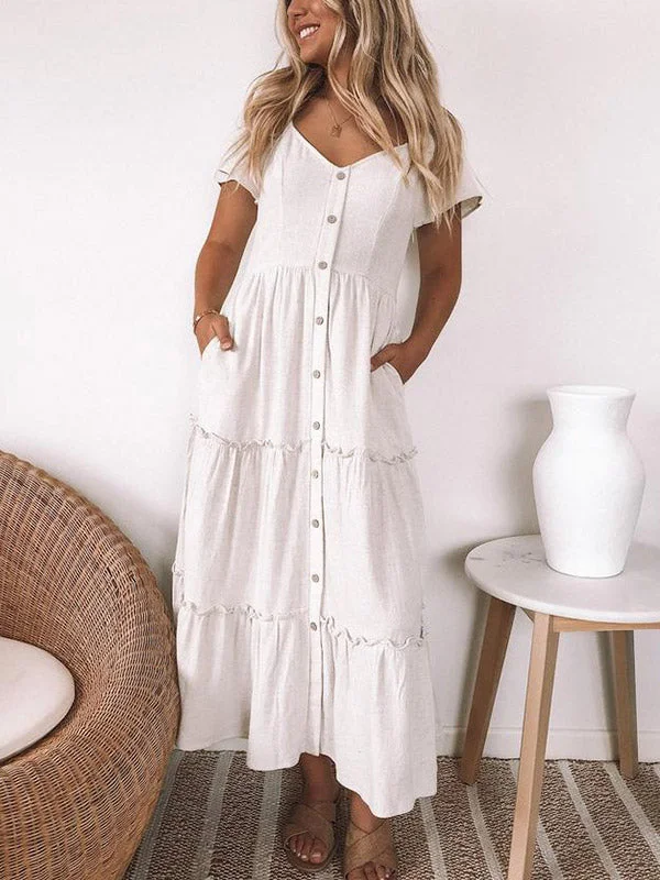 Midi dresses with gathered skirts for a full and flowing silhouette BerryBetty - Button Up Frill Trim Dress Midi dresses with gathered skirts for a full and flowing silhouette BerryBetty - Button Up Frill Trim Dress