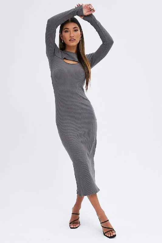 Midi dresses with polka dot prints for a playful summer outfit Grey Midi Dress Long Sleeve Mock Neck Cut Out Bodycon Midi dresses with polka dot prints for a playful summer outfit Grey Midi Dress Long Sleeve Mock Neck Cut Out Bodycon