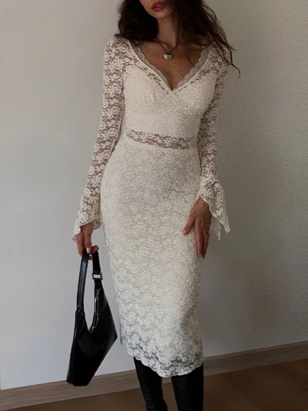 Midi dresses with embroidered accents for a unique and detailed design BerryBetty - Floral Lace Long Sleeve Plunge Midi Dress Midi dresses with embroidered accents for a unique and detailed design BerryBetty - Floral Lace Long Sleeve Plunge Midi Dress