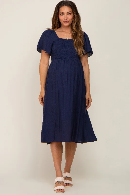 Maternity dress for a baby's dedication Navy Blue Smocked Square Neck Flutter Short Sleeve Maternity Midi Dress Maternity dress for a baby's dedication Navy Blue Smocked Square Neck Flutter Short Sleeve Maternity Midi Dress