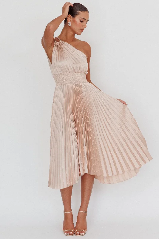 Midi dresses with fringe details for a fun and energetic style Calissa One Shoulder Pleated Midi Dress Champagne Midi dresses with fringe details for a fun and energetic style Calissa One Shoulder Pleated Midi Dress Champagne