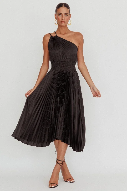 Midi dresses with ruffled bodices for a more pronounced feminine look Calissa One Shoulder Pleated Midi Dress Black